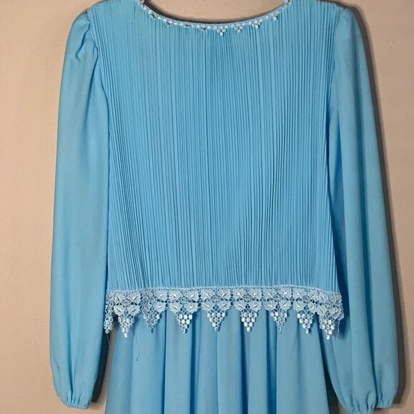 Vtg 80s Blue Midi Dress S-M Blouson White Lace 70s Mother of Bride Boston Maid - Picture 7 of 12